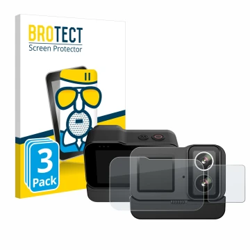 Face avant d’un emballage produit avec le logo de la marque BROTECT. À côté, l’appareil SJCAM SJ20 Dual Lens est représenté av