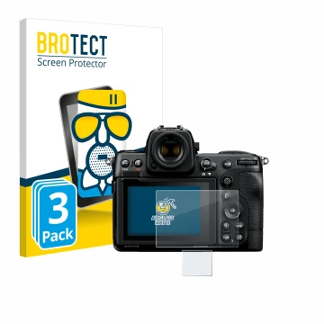 Face avant d’un emballage produit avec le logo de la marque BROTECT. À côté, l’appareil Nikon Z 8 (Affichage + affichage des é