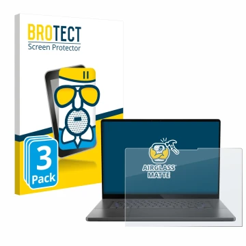 Face avant d’un emballage produit avec le logo de la marque BROTECT. À côté, l’appareil ASUS ROG Zephyrus G16 2024 est représe