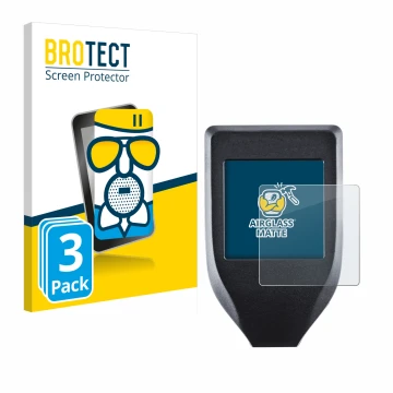 Face avant d’un emballage produit avec le logo de la marque BROTECT. À côté, l’appareil Trezor Model T est représenté avec la 