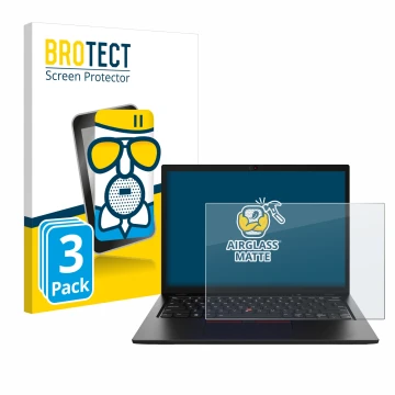 Face avant d’un emballage produit avec le logo de la marque BROTECT. À côté, l’appareil Lenovo ThinkPad L13 Gen 4 Non-Touch es