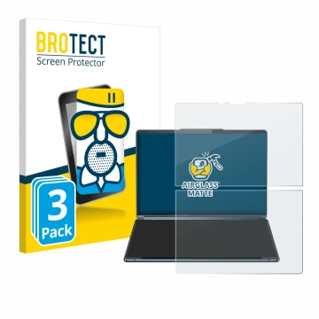 Face avant d’un emballage produit avec le logo de la marque BROTECT. À côté, l’appareil Lenovo Yoga Book 9i Gen 9 est représen