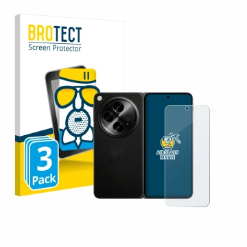 Face avant d’un emballage produit avec le logo de la marque BROTECT. À côté, l’appareil OnePlus Open (case-friendly) est repré