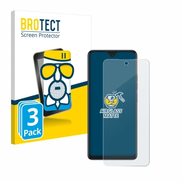 Face avant d’un emballage produit avec le logo de la marque BROTECT. À côté, l’appareil Tecno Spark 10 Pro est représenté avec