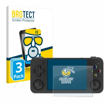 Face avant d’un emballage produit avec le logo de la marque BROTECT. À côté, l’appareil Anbernic RG35XX H est représenté avec 