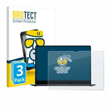 Face avant d’un emballage produit avec le logo de la marque BROTECT. À côté, l’appareil Samsung Galaxy Book4 Pro 14
