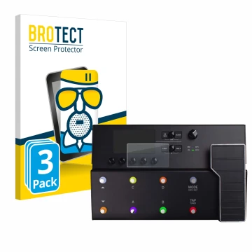 Face avant d’un emballage produit avec le logo de la marque BROTECT. À côté, l’appareil Line 6 POD GO est représenté avec la p
