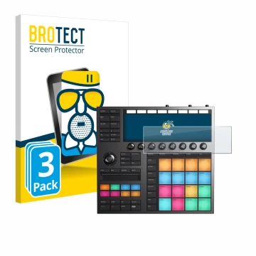 Face avant d’un emballage produit avec le logo de la marque BROTECT. À côté, l’appareil Native Instruments Maschine + est repr