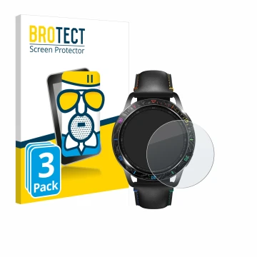 Face avant d’un emballage produit avec le logo de la marque BROTECT. À côté, l’appareil Xiaomi Watch S3 est représenté avec la