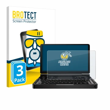 Face avant d’un emballage produit avec le logo de la marque BROTECT. À côté, l’appareil GPD Win Mini (2024) est représenté ave