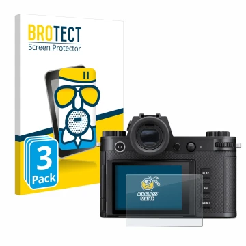 Face avant d’un emballage produit avec le logo de la marque BROTECT. À côté, l’appareil Leica SL3 est représenté avec la prote
