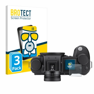 Face avant d’un emballage produit avec le logo de la marque BROTECT. À côté, l’appareil Leica SL3 (affichage des épaules) est 