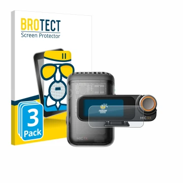 Face avant d’un emballage produit avec le logo de la marque BROTECT. À côté, l’appareil DJI Mic 2 (Receiver) est représenté av