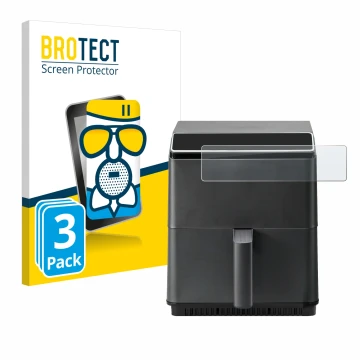 Face avant d’un emballage produit avec le logo de la marque BROTECT. À côté, l’appareil Cosori CAF-P583S est représenté avec l