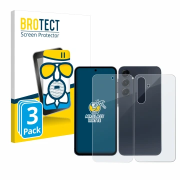Face avant d’un emballage produit avec le logo de la marque BROTECT. À côté, l’appareil Samsung Galaxy A35 5G (Avant+Arrière) 