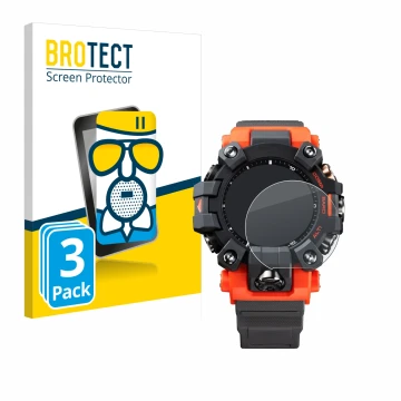 Face avant d’un emballage produit avec le logo de la marque BROTECT. À côté, l’appareil Casio G-Shock GW-9500 est représenté a