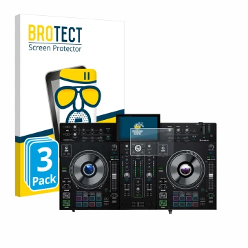 Face avant d’un emballage produit avec le logo de la marque BROTECT. À côté, l’appareil Denon DJ Prime 2 est représenté avec l