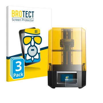 Face avant d’un emballage produit avec le logo de la marque BROTECT. À côté, l’appareil Anycubic Photon Mono M5s est représent