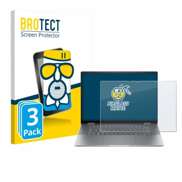 Face avant d’un emballage produit avec le logo de la marque BROTECT. À côté, l’appareil HP Envy x360 2-in-1 16 est représenté 