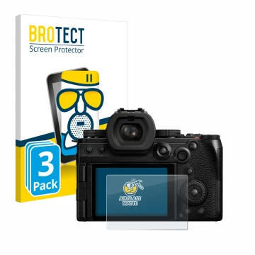 Face avant d’un emballage produit avec le logo de la marque BROTECT. À côté, l’appareil Panasonic Lumix DC-S5II est représenté