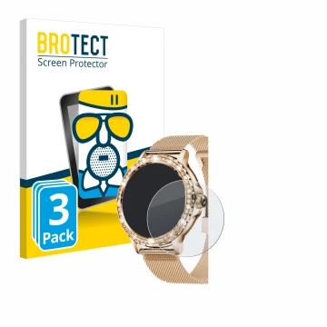 Face avant d’un emballage produit avec le logo de la marque BROTECT. À côté, l’appareil walkbee Smartwatch 1.3
