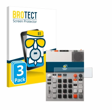 Face avant d’un emballage produit avec le logo de la marque BROTECT. À côté, l’appareil Teenage Engineering EP-133 K.O. II est