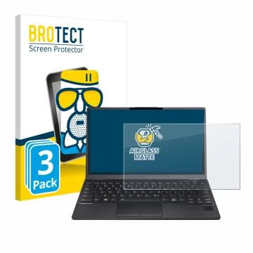 Face avant d’un emballage produit avec le logo de la marque BROTECT. À côté, l’appareil Fujitsu Lifebook U9312 est représenté 