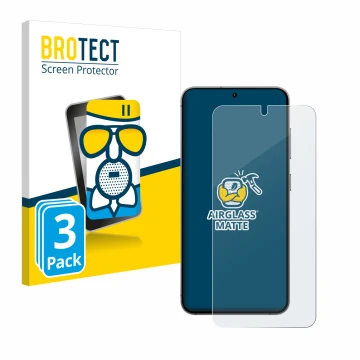 Face avant d’un emballage produit avec le logo de la marque BROTECT. À côté, l’appareil Samsung Galaxy S24 Enterprise Edition 