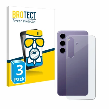Face avant d’un emballage produit avec le logo de la marque BROTECT. À côté, l’appareil Samsung Galaxy S24 Enterprise Edition 