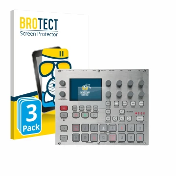 Face avant d’un emballage produit avec le logo de la marque BROTECT. À côté, l’appareil Elektron Syntakt E25 Remix Edition est