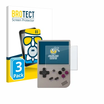 Face avant d’un emballage produit avec le logo de la marque BROTECT. À côté, l’appareil Anbernic RG35XX Plus est représenté av