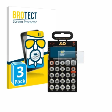 Face avant d’un emballage produit avec le logo de la marque BROTECT. À côté, l’appareil Teenage Engineering PO-33 K.O! est rep