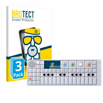 Face avant d’un emballage produit avec le logo de la marque BROTECT. À côté, l’appareil Teenage Engineering OP-1 Sampler & Con