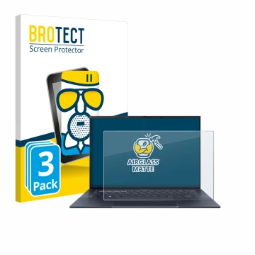 Face avant d’un emballage produit avec le logo de la marque BROTECT. À côté, l’appareil ASUS ExpertBook B9 B9403 est représent