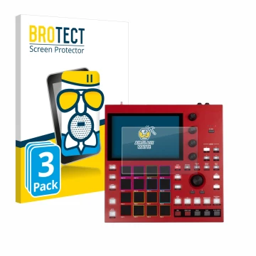 Face avant d’un emballage produit avec le logo de la marque BROTECT. À côté, l’appareil Akai MPC One+ est représenté avec la p