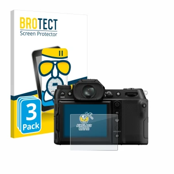 Face avant d’un emballage produit avec le logo de la marque BROTECT. À côté, l’appareil Fujifilm GFX100S II est représenté ave