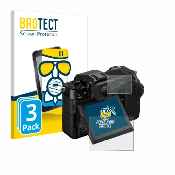 Face avant d’un emballage produit avec le logo de la marque BROTECT. À côté, l’appareil Fujifilm GFX100S II (Affichage + affic