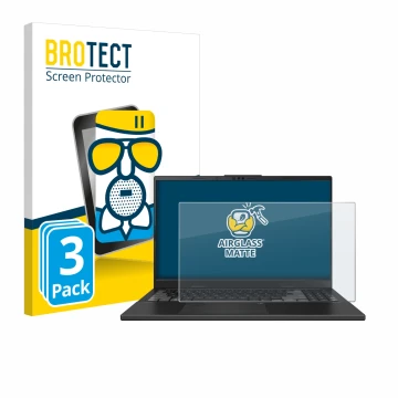 Face avant d’un emballage produit avec le logo de la marque BROTECT. À côté, l’appareil ASUS VivoBook Pro 15 OLED N6506 est re