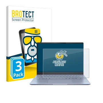 Face avant d’un emballage produit avec le logo de la marque BROTECT. À côté, l’appareil ASUS Vivobook S 14 OLED S5406 est repr