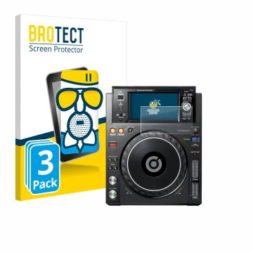Face avant d’un emballage produit avec le logo de la marque BROTECT. À côté, l’appareil Pioneer XDJ -1000MK2 est représenté av