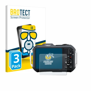 Face avant d’un emballage produit avec le logo de la marque BROTECT. À côté, l’appareil Ricoh Pentax WG-1000 est représenté av