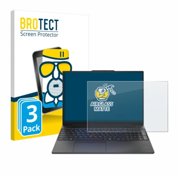 Face avant d’un emballage produit avec le logo de la marque BROTECT. À côté, l’appareil Lenovo ThinkPad E16 Gen 2 est représen