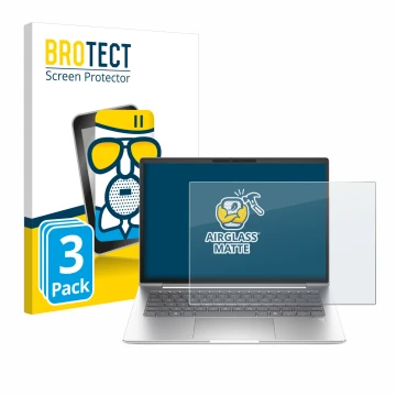 Face avant d’un emballage produit avec le logo de la marque BROTECT. À côté, l’appareil HP EliteBook 645 G11 est représenté av
