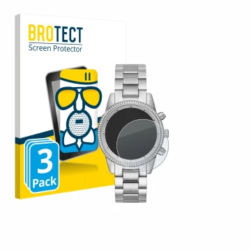 Face avant d’un emballage produit avec le logo de la marque BROTECT. À côté, l’appareil Michael Kors Ritz MK6428 est représent