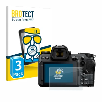 Face avant d’un emballage produit avec le logo de la marque BROTECT. À côté, l’appareil Nikon Z6 III est représenté avec la pr