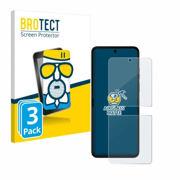 Face avant d’un emballage produit avec le logo de la marque BROTECT. À côté, l’appareil Motorola Razr 50 est représenté avec l