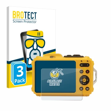Face avant d’un emballage produit avec le logo de la marque BROTECT. À côté, l’appareil Kodak Pixpro WPZ2 est représenté avec 