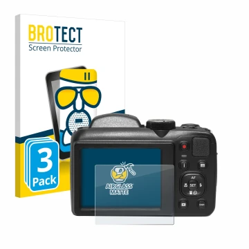 Face avant d’un emballage produit avec le logo de la marque BROTECT. À côté, l’appareil Kodak Pixpro AZ255 est représenté avec