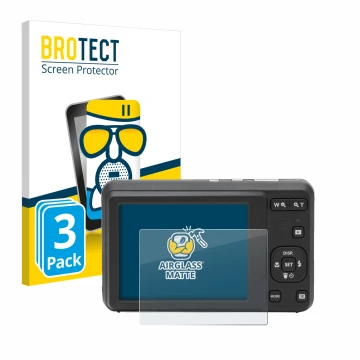 Face avant d’un emballage produit avec le logo de la marque BROTECT. À côté, l’appareil Kodak Pixpro FZ55 est représenté avec 