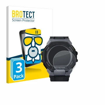 Face avant d’un emballage produit avec le logo de la marque BROTECT. À côté, l’appareil Casio G-Shock G-Squad GBD-300 est repr